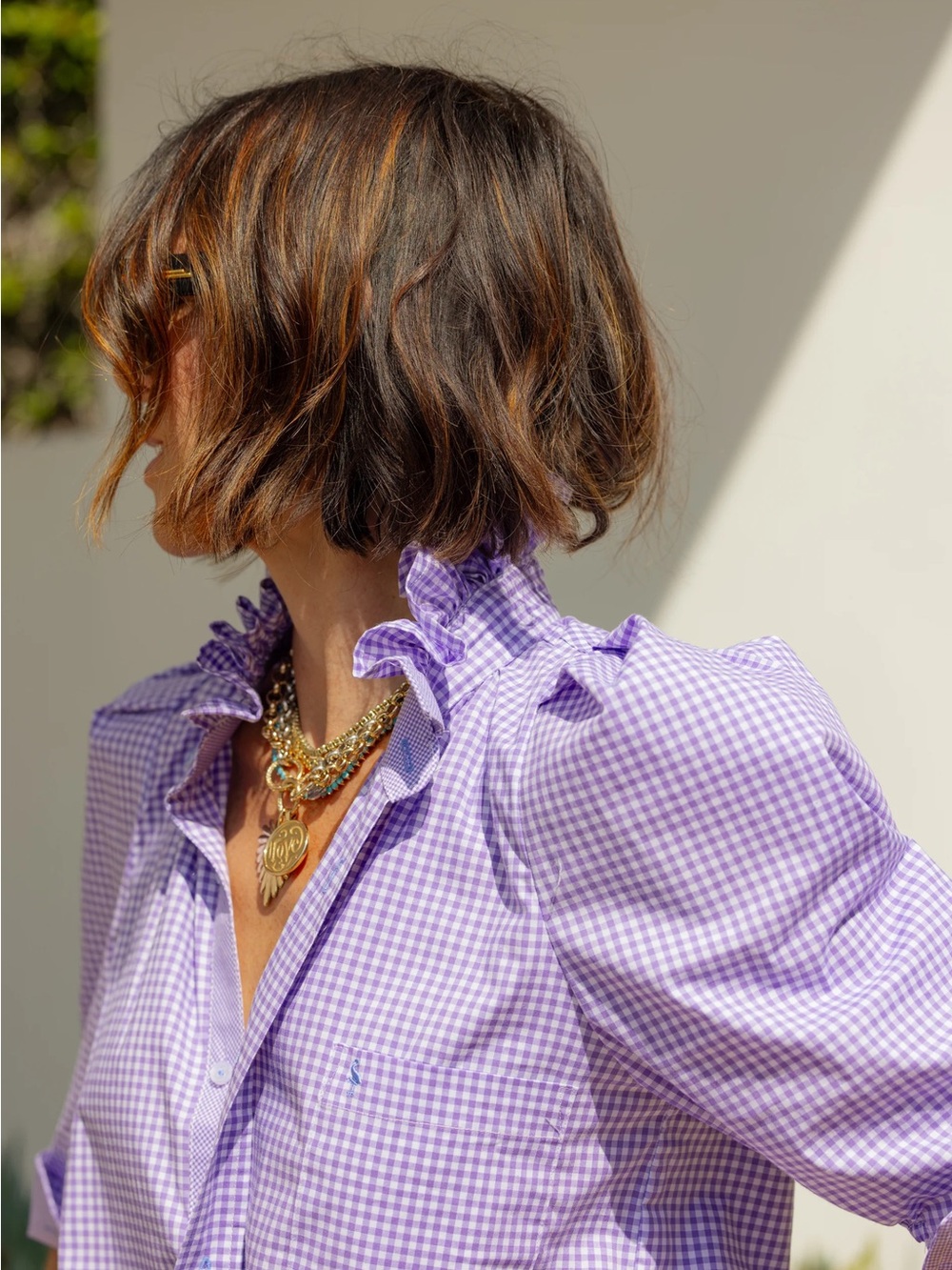 KMJ gingham Bontina- Women's Lavender Gingham Puff-Sleeve Blouse